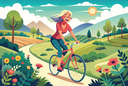 Cartoon vector illustration of an active woman riding a bicycle for fun summer sport