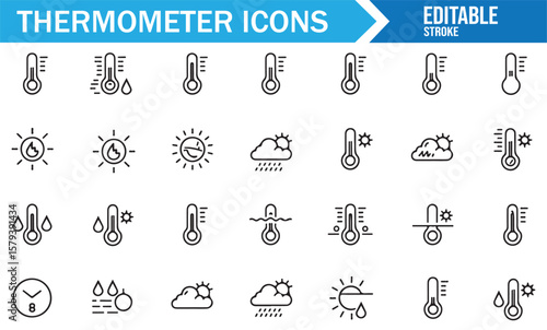 Set of weather thermometer icons for representing hot, cold, and moderate temperatures.