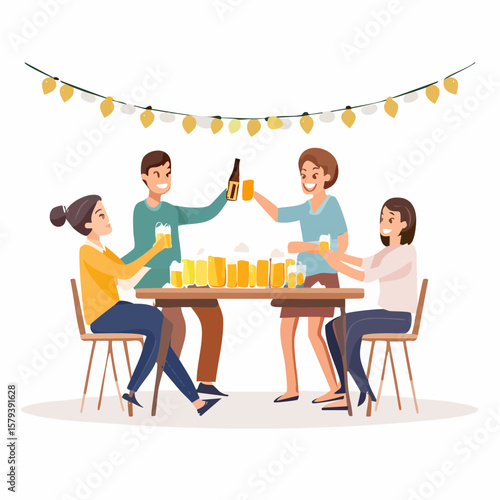 Group of friends toasts with beer at lively outdoor dinner party