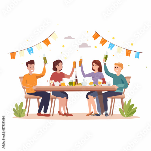 Group of friends toasts with beer at lively outdoor dinner party