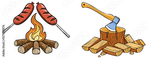 Campfire and wood chopping clipart set 