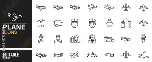 A collection of editable plane and aviation icons, showcasing symbols for airplanes, pilots, flight attendants, baggage, airport facilities, and travel-related elements, perfect for airline and travel