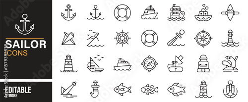 Nautical and Sailor Icons Set for Marine Navigation and Travel Platforms