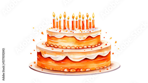 Delightful watercolor cake with burning candles celebrates birthday festivities on a transparent background.