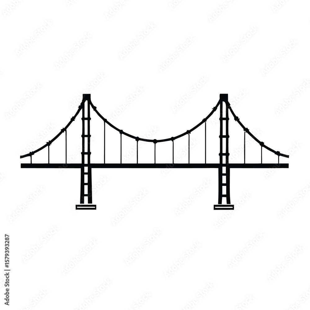 Fototapeta premium Black and white vector illustration of a suspension bridge with cables and towers isolated on white background