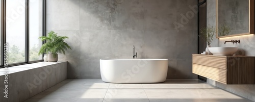Minimalist bathroom interior design. White bathtub, large format tiles. Modern decor. Large window with natural light, green plant. Concrete wall, wooden furniture, contemporary elegant space. © Pete