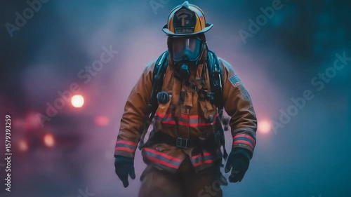 A firefighter in uniform and mask walks through smoky surroundings equipped for an emergency response