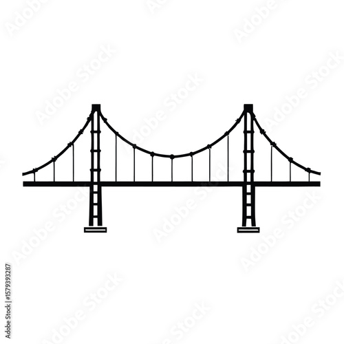 Black and white vector illustration of a suspension bridge with cables and towers isolated on white background