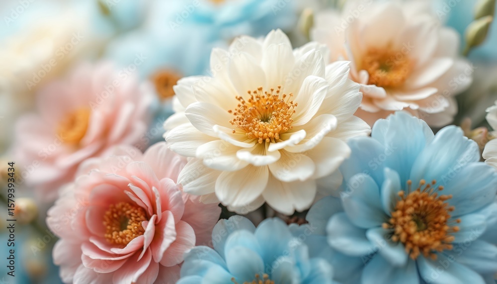 Delicate pastel flowers with gold accents. Pink and blue blooms in soft focus. Floral beauty for backgrounds. Wedding, valentine, mothers day. Perfect for design projects, cards, decoration. Delicate pastel flowers with gold accents. Pink and blue blooms in soft focus. Floral beauty for backgrounds. Wedding, valentine, mothers day. Perfect for design projects, cards, decoration.