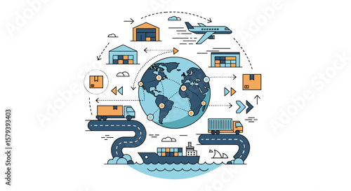 Global logistics network connecting transportation modes and warehousing facilities for worldwide distribution