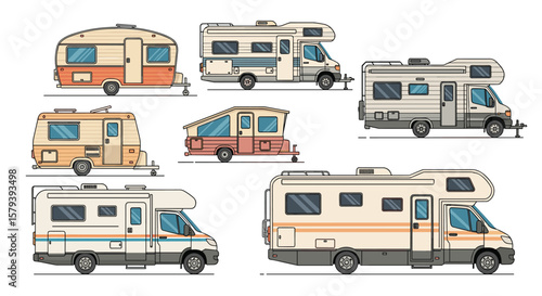 Collection of vintage style rvs and travel trailers in retro pixel art design representing outdoor adventures