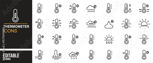 Editable Thermometer and Climate Change Icons for Weather-related Platforms