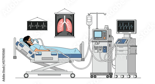 Patient in a hospital bed connected to a mechanical ventilator and monitoring equipment for respiratory support