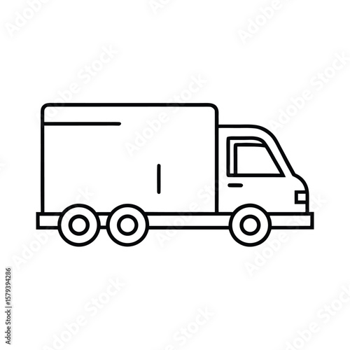 Black line art delivery truck vector illustration on white background with three rear wheels and a single front wheel