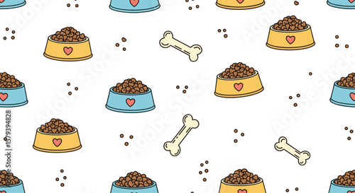 Adorable pixel art pattern featuring dog food bowls and crunchy bones perfect for pet themed designs