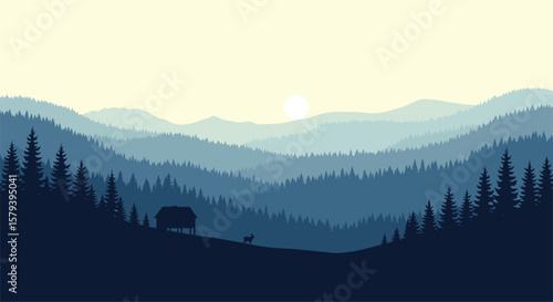 A serene landscape with rolling hills covered in pine trees under a softly glowing sun