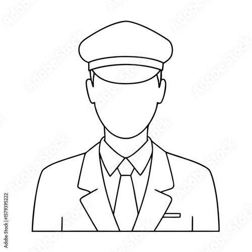Outline illustration of a person wearing a uniform hat jacket and tie in black and white vector style
