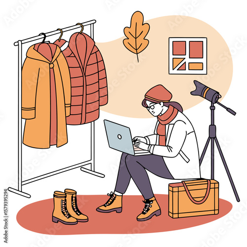 A fashion influencer or stylist is working on a laptop surrounded by winter clothing boots a camera and a travel bag suggesting content creation or a seasonal photoshoot