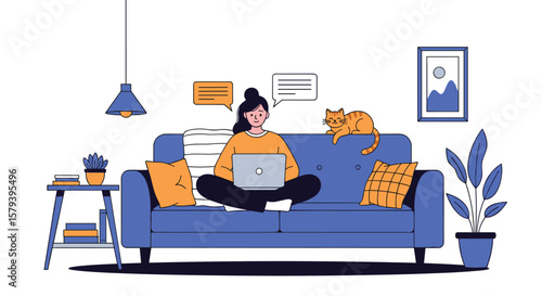Illustrative scene of a young woman working remotely on her laptop while relaxing on a comfortable couch with her cat nearby
