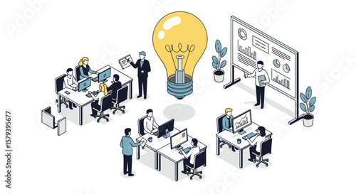 Innovative business team collaborating on a new project idea with a bright lightbulb symbolizing inspiration and strategy development
