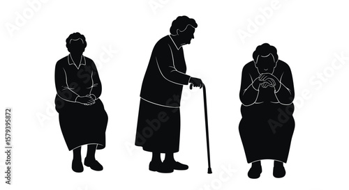 Three silhouette figures of elderly women showcasing different poses and body language