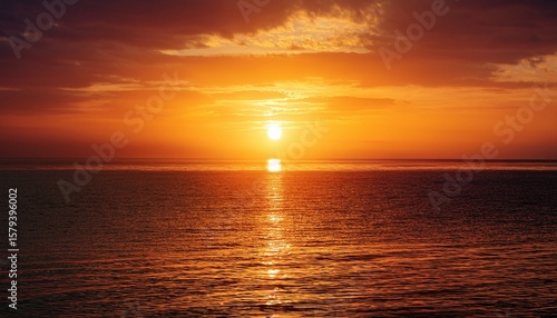 glowing sun rising over a calm sea in warm amber and burnt orange tones