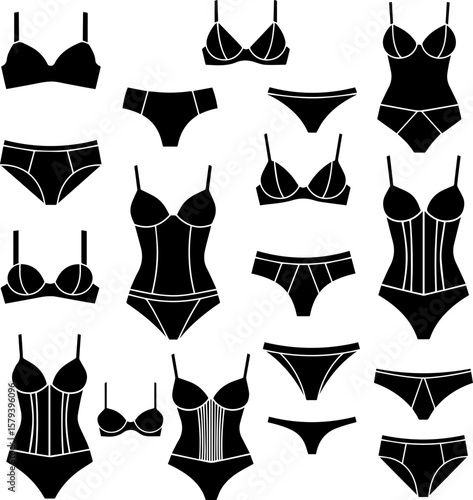 Collection of black lingerie silhouettes isolated on transparent background