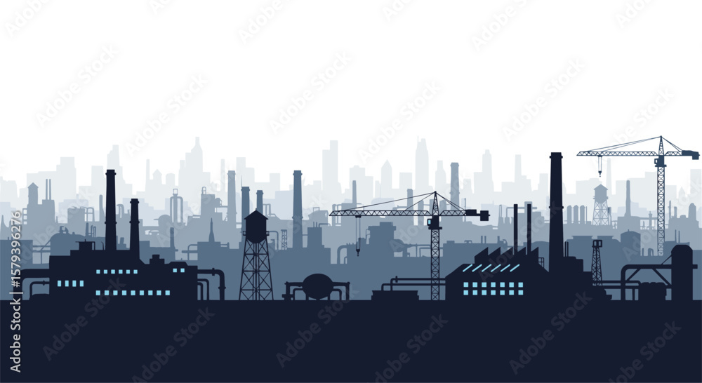 Fototapeta premium Expansive industrial cityscape silhouette featuring factories and construction cranes against a distant city skyline backdrop creating a muted and atmospheric urban landscape scene