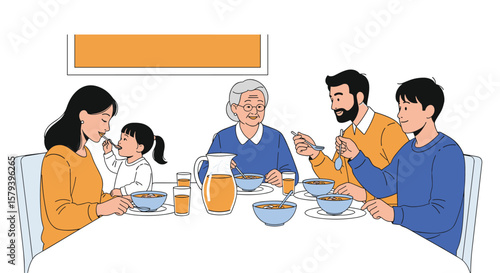 A multi generational family enjoying a wholesome meal together around the dining table
