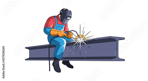 Skilled welder working safely on steel construction project with protective gear and sparks flying