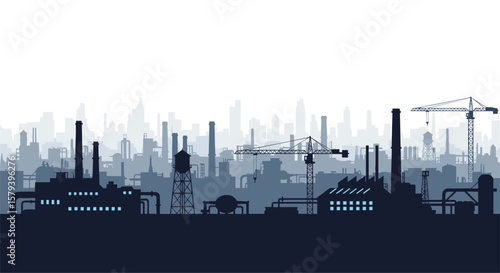 Expansive industrial cityscape silhouette featuring factories and construction cranes against a distant city skyline backdrop creating a muted and atmospheric urban landscape scene