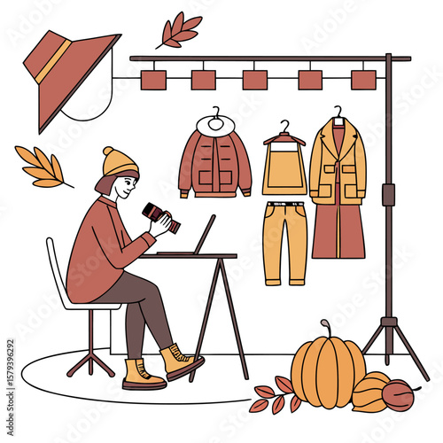 A photographer captures autumn fashion with a camera and laptop surrounded by seasonal clothing pumpkins and falling leaves creating a cozy fall photoshoot