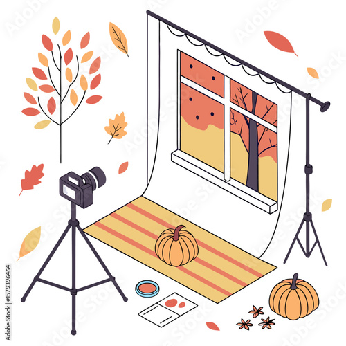 Autumnal still life photography setup featuring a pumpkin on a striped rug camera on tripod and falling leaves viewed through a window