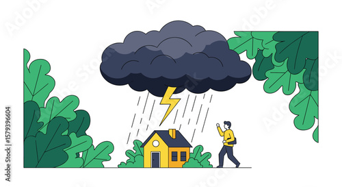 Man standing under heavy rain and lightning strike near a house during a severe thunderstorm outdoors