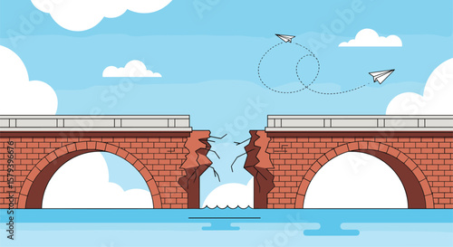A broken bridge suspends traffic over water with arches and clouds above and birds flying in the sky