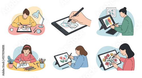 Creative artists digitally illustrating and sketching with stylus pens on tablets and devices showcasing various artistic styles and subjects
