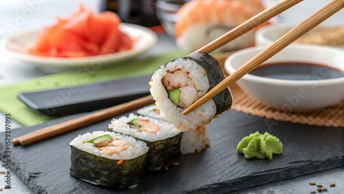 Close-Up of Chopsticks Holding Halal Sushi Roll – Islamic-Friendly Japanese Cuisine with Cooked and Veggie Options