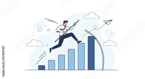 Businessman pole vaulting over increasing bar graph charts symbolizing business growth and financial success