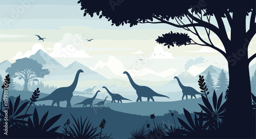 A majestic herd of long necked dinosaurs roams through a lush prehistoric valley under a soft sky