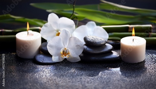 zen spa still life with white orchids candles and hot stones