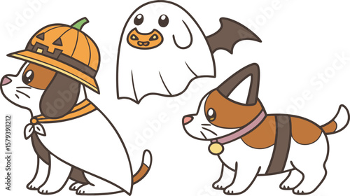 Illustration of dogs in halloween costumes including a pumpkin hat and a ghost with bat wings