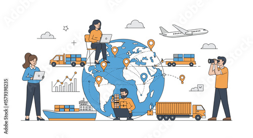 Global logistics network connecting transportation modes and supply chain operations worldwide demonstrating international trade and shipping services