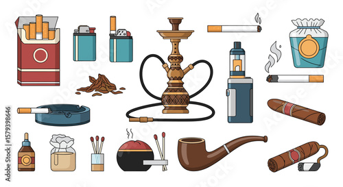 Collection of pixel art illustrations representing smoking accessories and related items
