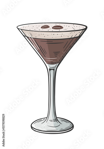 Espresso martini cocktail hand drawn isolated on white background. Vintage sketch of alcoholic drink glass. Colorful party cocktail. Vector illustration
