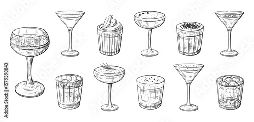 Cocktails and drinks hand drawn set isolated on white background. Vintage sketchs of alcoholic party cocktails. Vector illustration