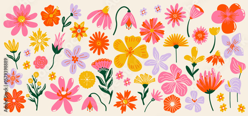 Abstract tropical floral plants shapes vector illustration large set for design. Different types of exotic flowers decorative botanical sticker elements collection in cartoon groovy funky style