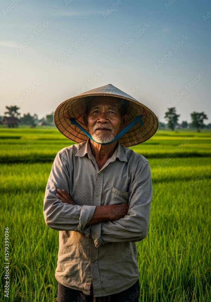 Fototapeta premium Proud Rice Farmer in Vietnam's Lush Paddy Fields