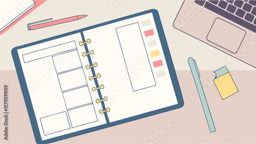 Top view of an open planner with blank pages next to a laptop and stationery on a light pink surface