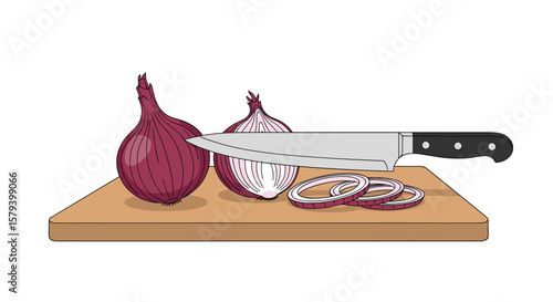 Preparing red onions for cooking aromatic slices on a cutting board with a sharp chef knife