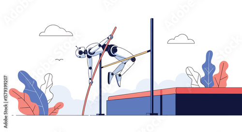 An athletic robot demonstrates advanced pole vaulting techniques clearing a high bar with precision and power during a competitive sports event